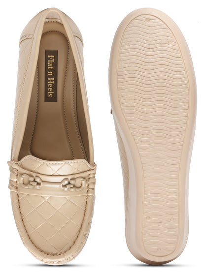 Beige Quilted Wedge Loafers for Women – Stylish Platform Design with Buckle Accent