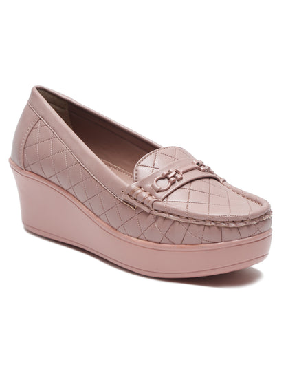 Beige Quilted Wedge Loafers for Women – Stylish Platform Design with Buckle Accent