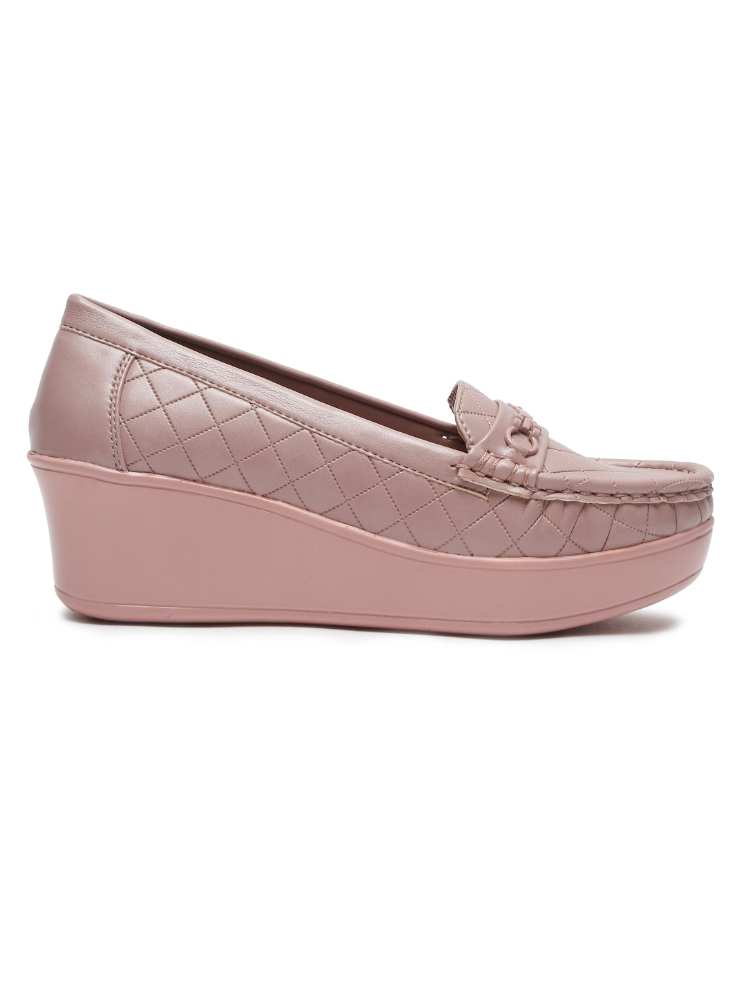 Beige Quilted Wedge Loafers for Women – Stylish Platform Design with Buckle Accent