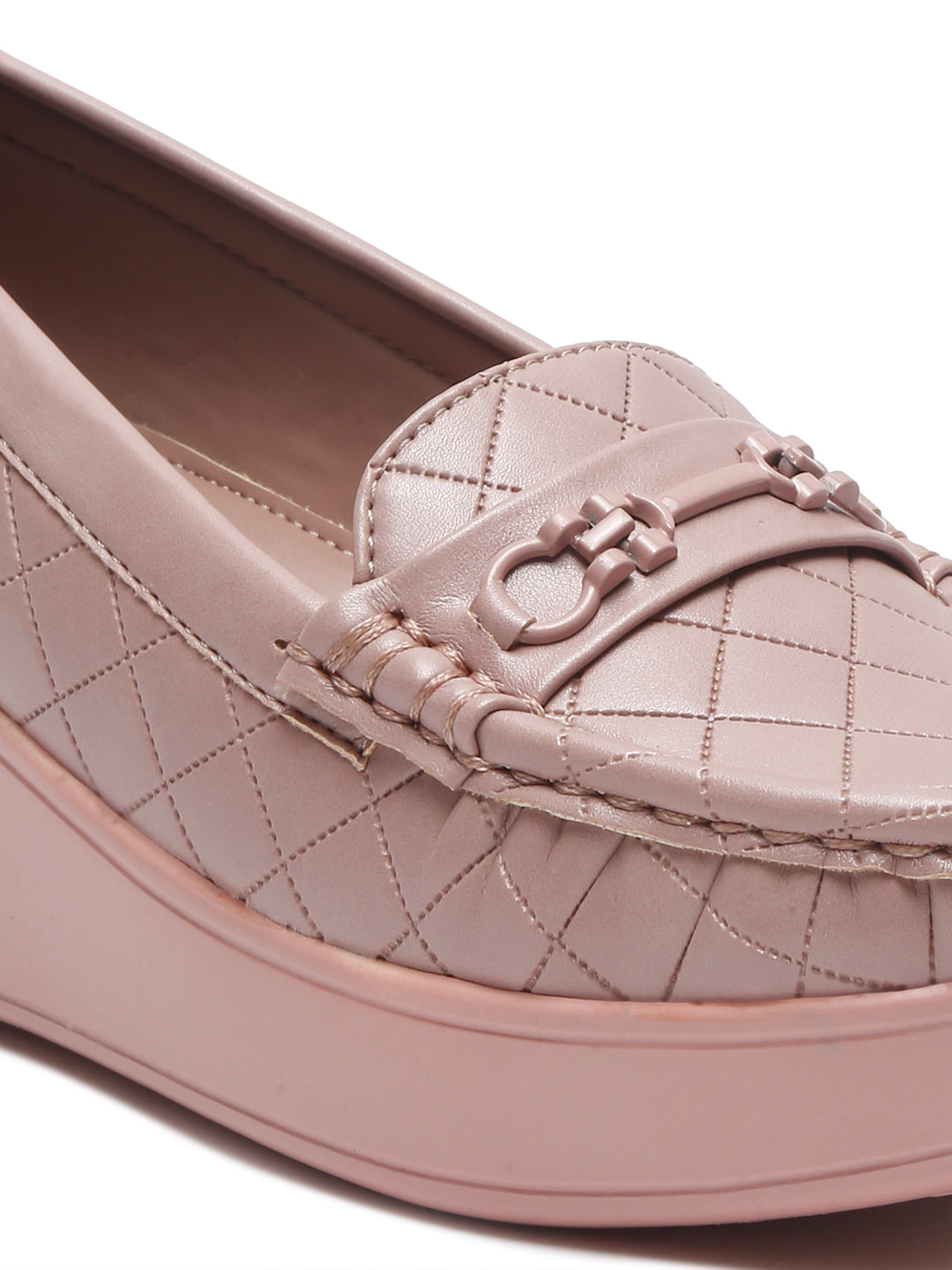 Beige Quilted Wedge Loafers for Women – Stylish Platform Design with Buckle Accent