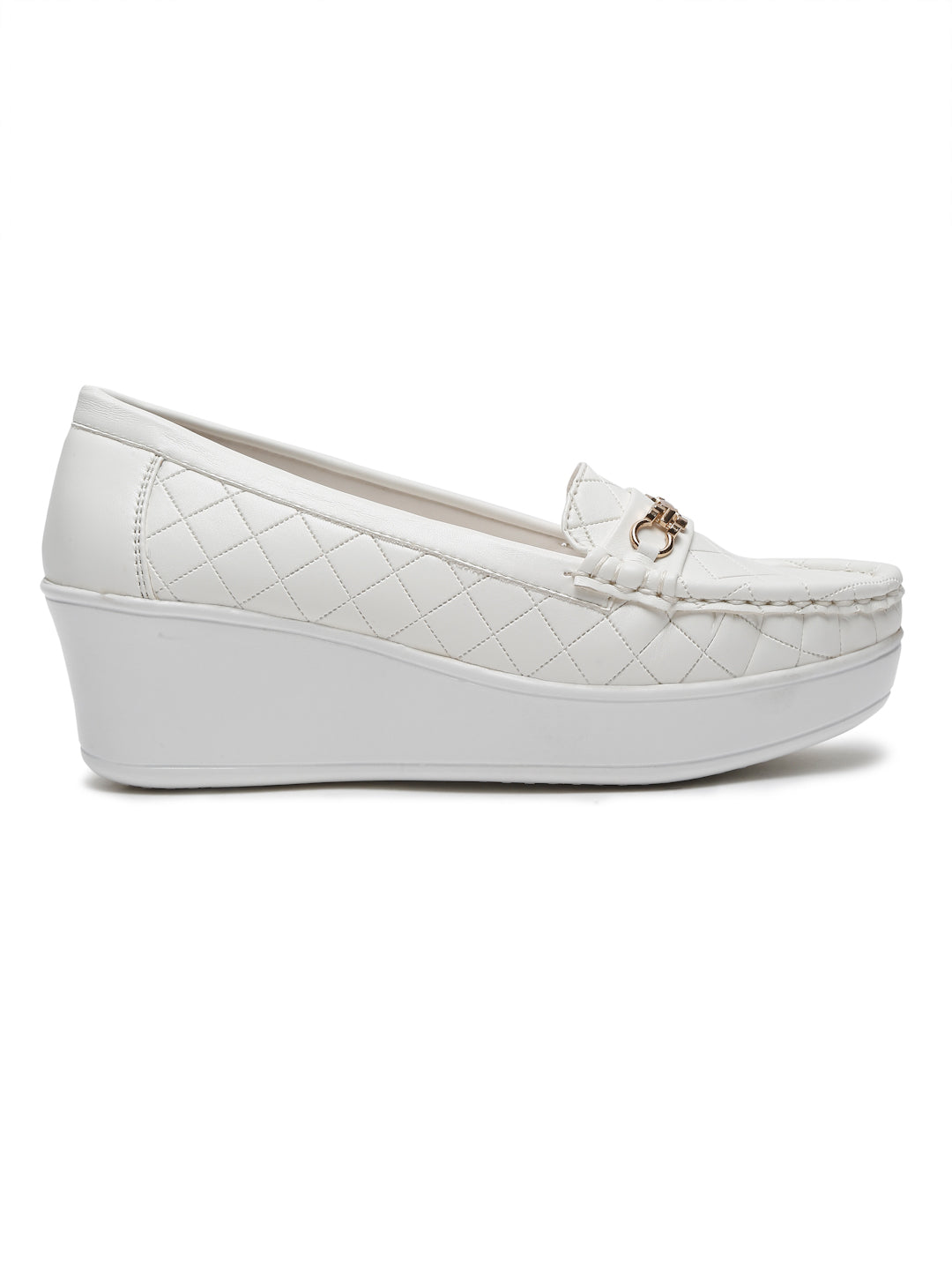 Beige Quilted Wedge Loafers for Women – Stylish Platform Design with Buckle Accent