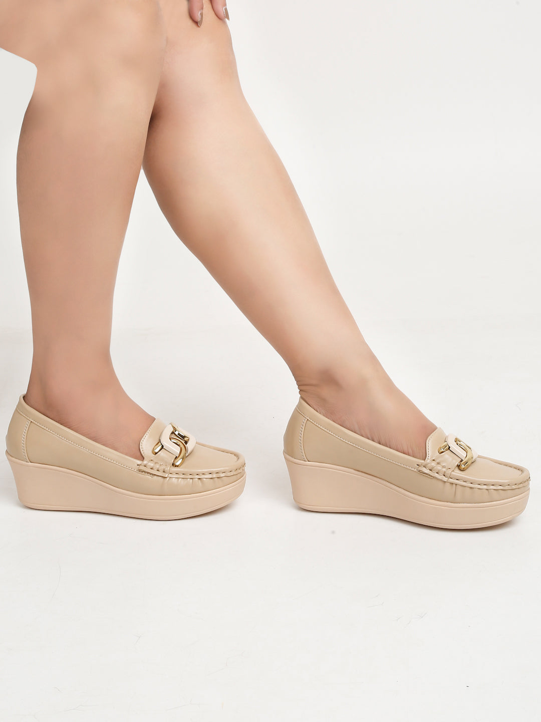 Stylish Beige Loafers for Women with Wedge Heel & Gold Chain Detail