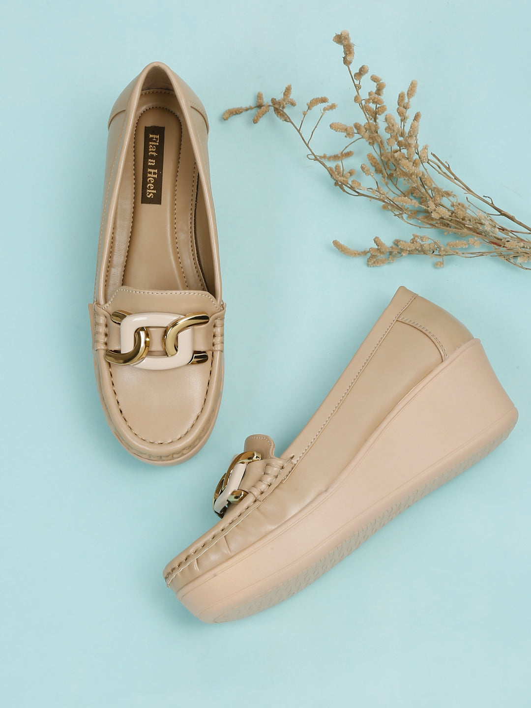 Stylish Beige Loafers for Women with Wedge Heel & Gold Chain Detail