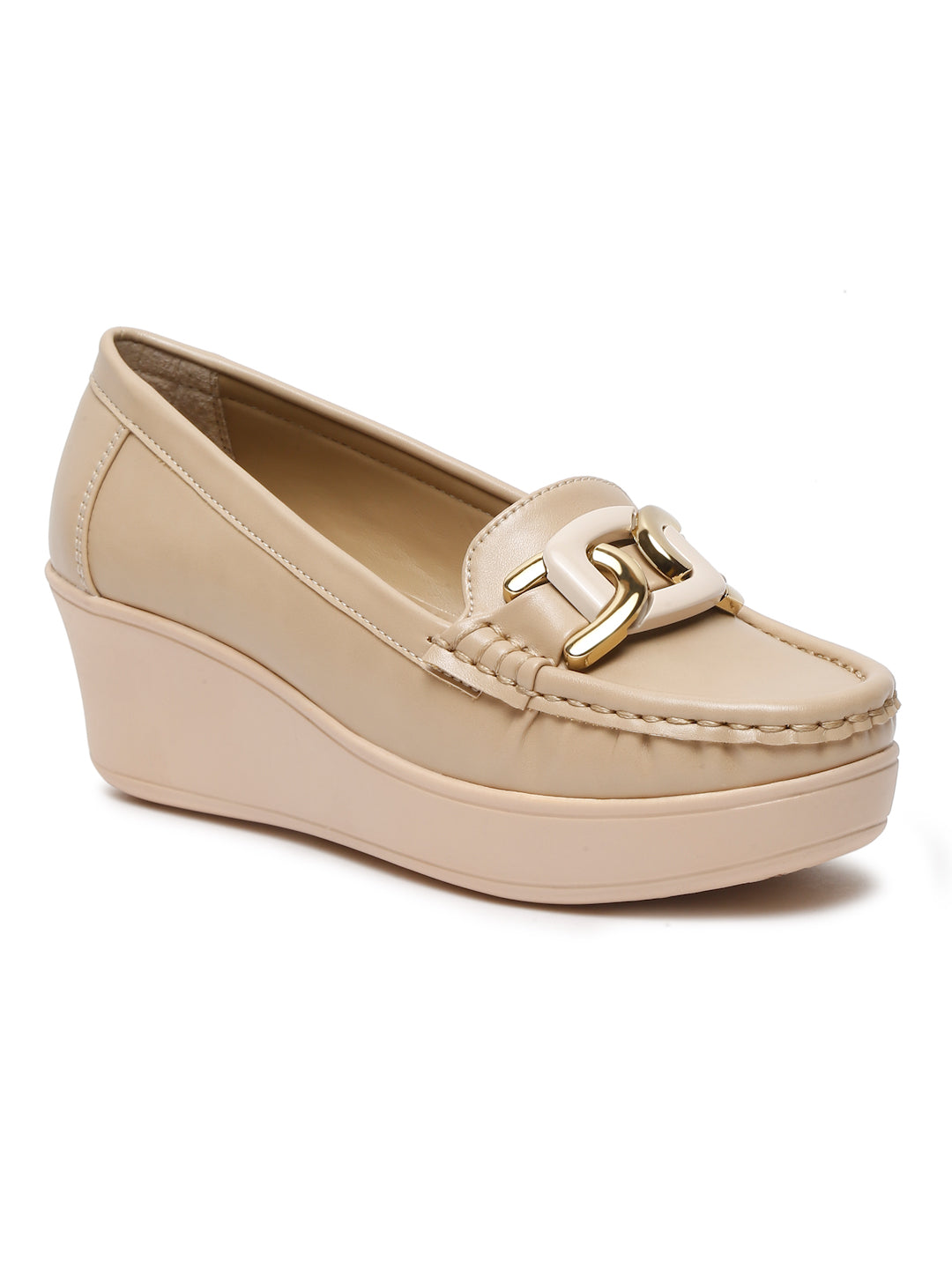 Stylish Beige Loafers for Women with Wedge Heel & Gold Chain Detail