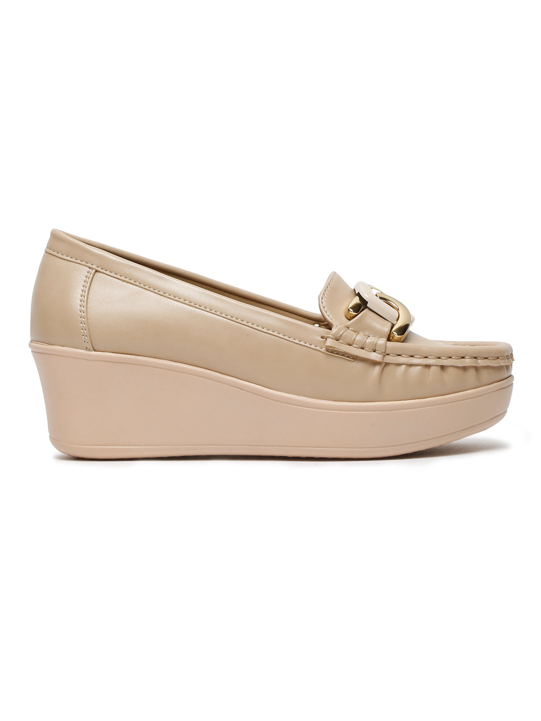 Stylish Beige Loafers for Women with Wedge Heel & Gold Chain Detail