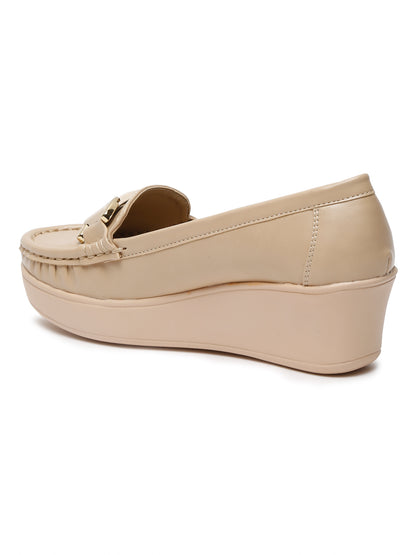 Stylish Beige Loafers for Women with Wedge Heel & Gold Chain Detail