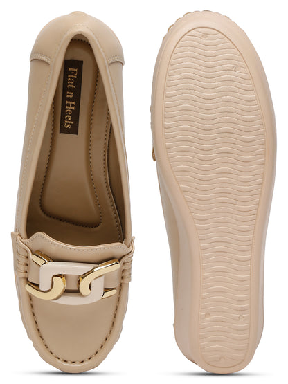 Stylish Beige Loafers for Women with Wedge Heel & Gold Chain Detail