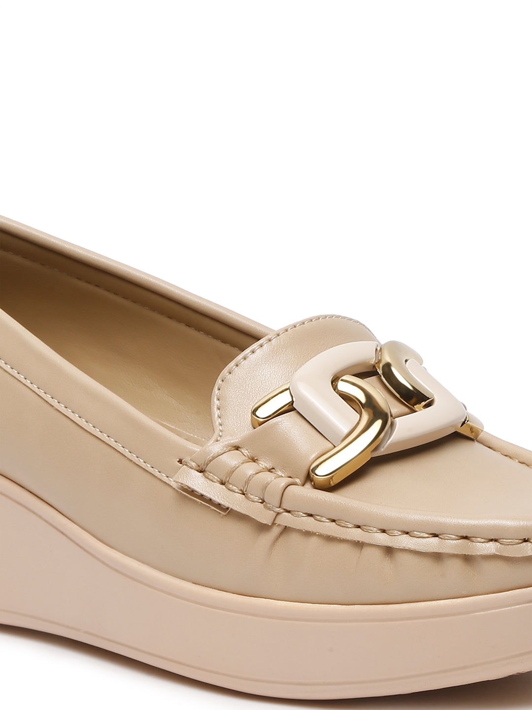 Stylish Beige Loafers for Women with Wedge Heel & Gold Chain Detail