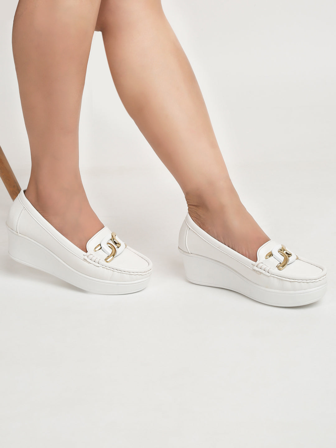 Stylish Beige Loafers for Women with Wedge Heel & Gold Chain Detail