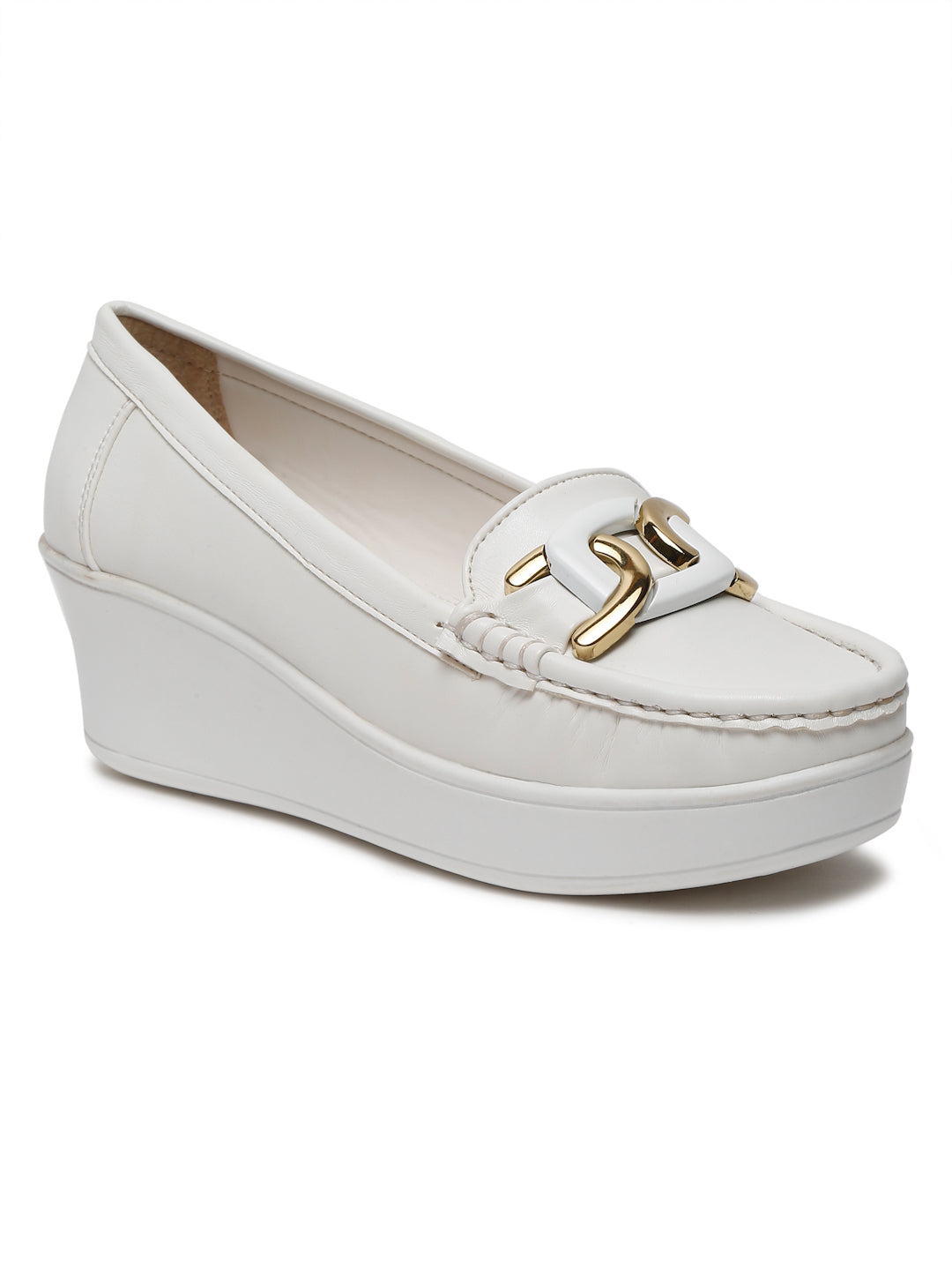 Stylish Beige Loafers for Women with Wedge Heel & Gold Chain Detail