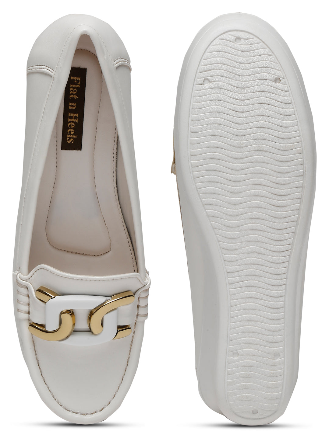 Stylish Beige Loafers for Women with Wedge Heel & Gold Chain Detail