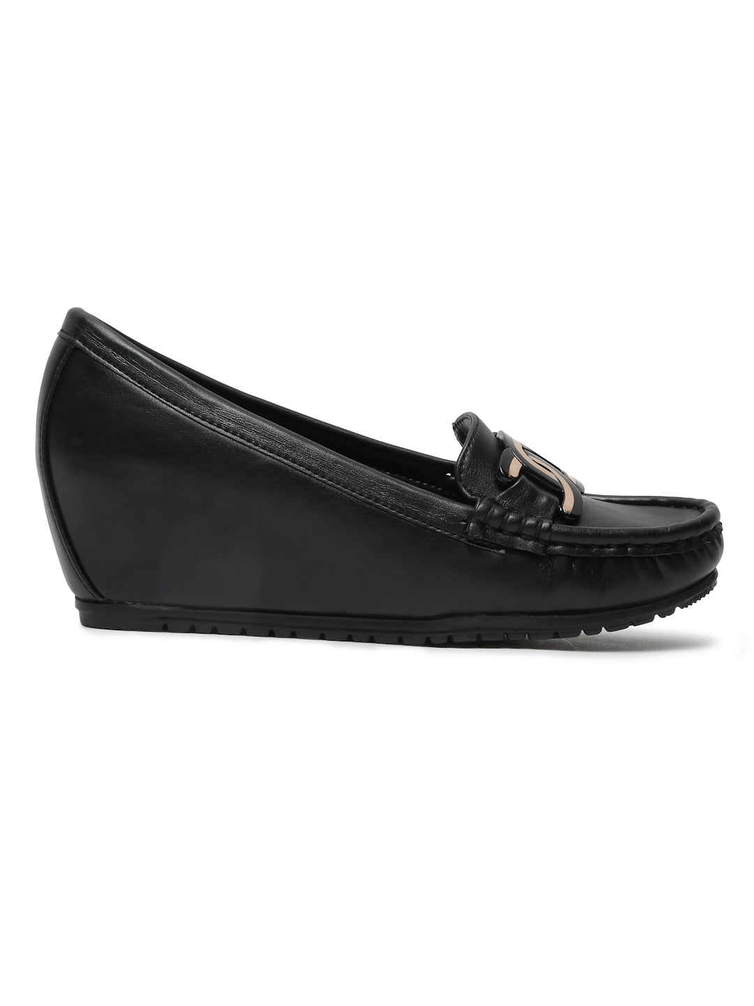 Women's Black Loafers with Chain Detail – Elegant Flat Slip-On Shoes