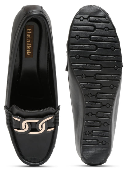 Women's Black Loafers with Chain Detail – Elegant Flat Slip-On Shoes