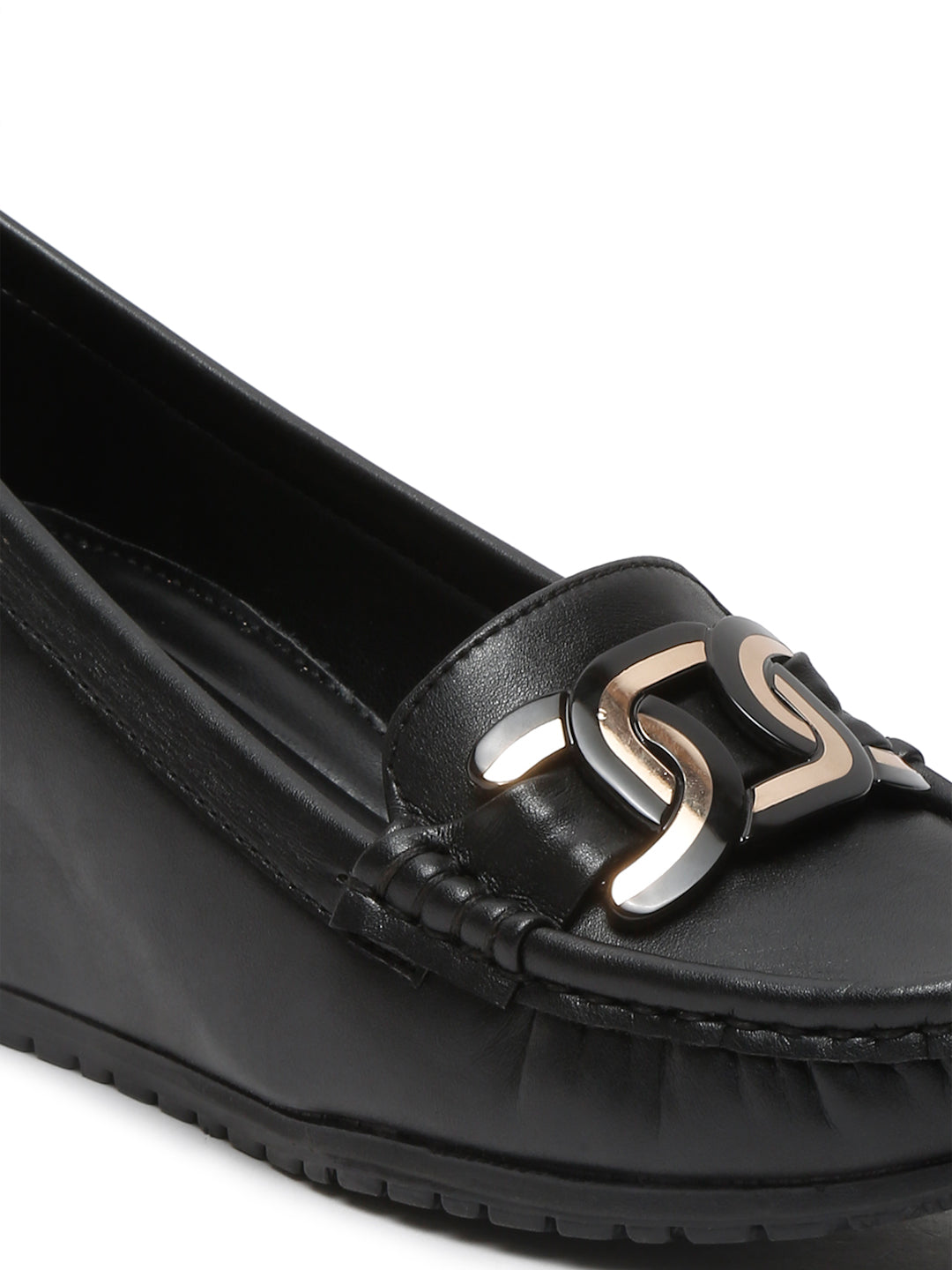 Women's Black Loafers with Chain Detail – Elegant Flat Slip-On Shoes