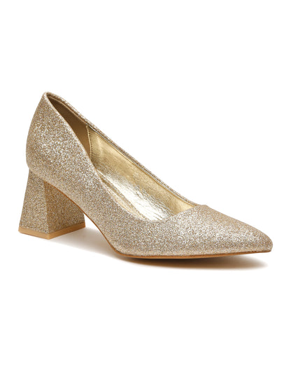 Sparkling Gold Pointed Toe Block Heels Pumps | Flat N Heels