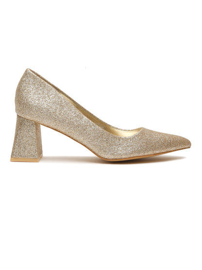 Sparkling Gold Pointed Toe Block Heels Pumps | Flat N Heels