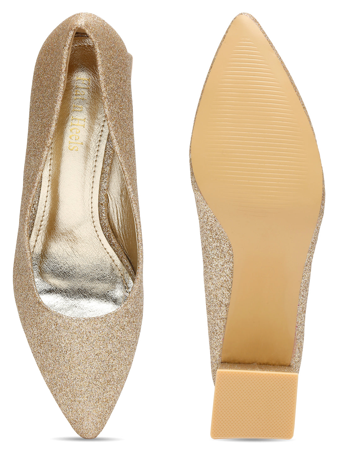 Sparkling Gold Pointed Toe Block Heels Pumps | Flat N Heels