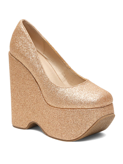 Sparkling Gold Pointed Toe Wedge Block Heels Pumps