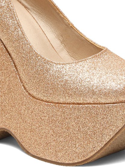 Sparkling Gold Pointed Toe Wedge Block Heels Pumps