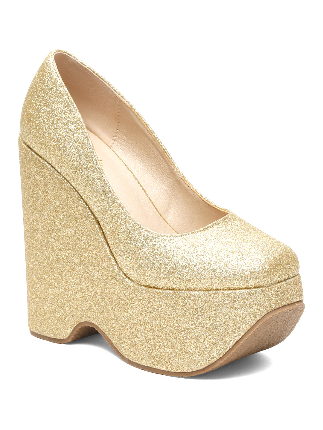 Sparkling Gold Pointed Toe Wedge Block Heels Pumps