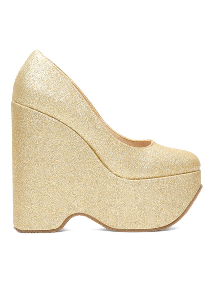 Sparkling Gold Pointed Toe Wedge Block Heels Pumps