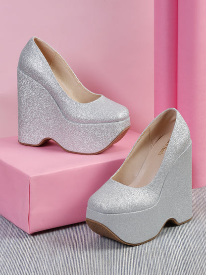 Sparkling Gold Pointed Toe Wedge Block Heels Pumps