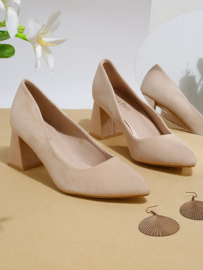 Stylish Beige Closed-Toe Block Heel Flats Pumps | Flat N Heels