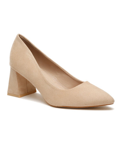 Stylish Beige Closed-Toe Block Heel Flats Pumps | Flat N Heels