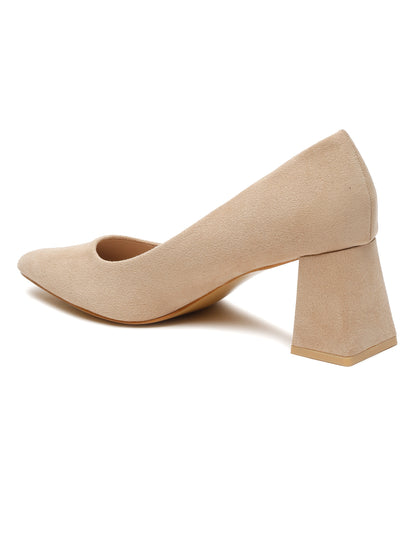 Stylish Beige Closed-Toe Block Heel Flats Pumps | Flat N Heels