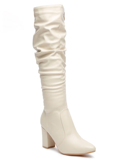 Stylish Slouchy Knee-High Boots in Cream | Chunky Heel Booties