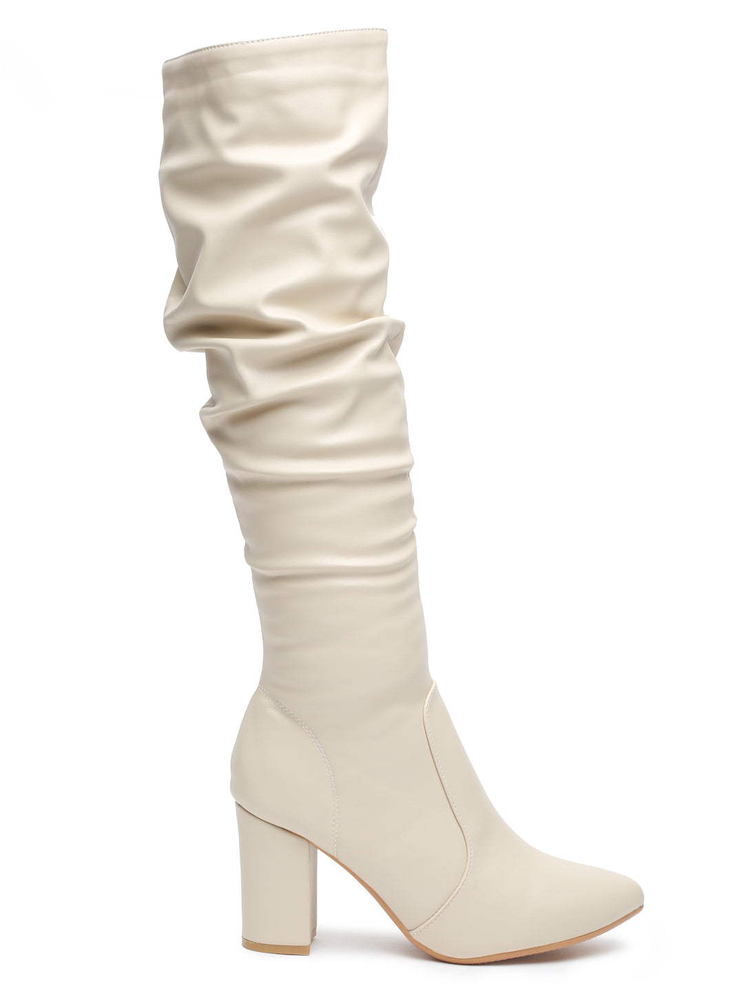 Stylish Slouchy Knee-High Boots in Cream | Chunky Heel Booties