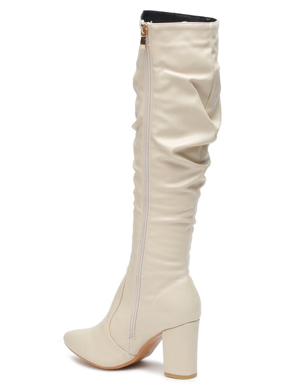 Stylish Slouchy Knee-High Boots in Cream | Chunky Heel Booties