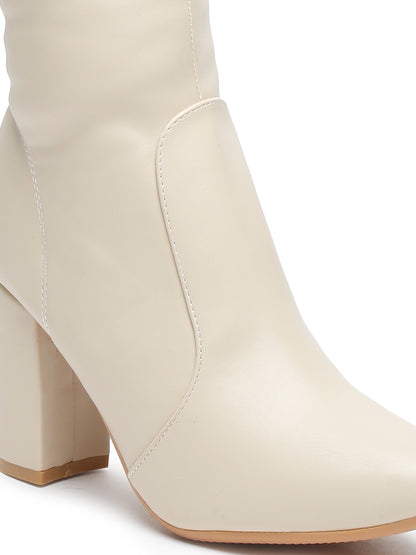 Stylish Slouchy Knee-High Boots in Cream | Chunky Heel Booties