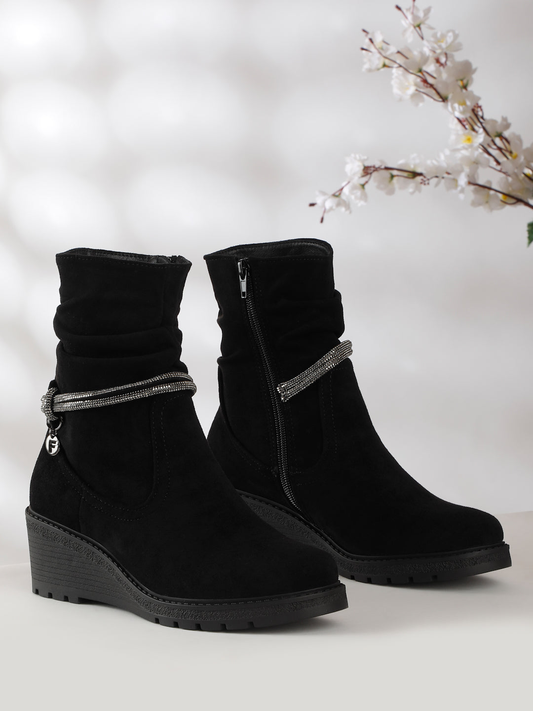 Stylish Black Ankle Boots with Chain Detail Wedge Heel Booties Flat N Heels