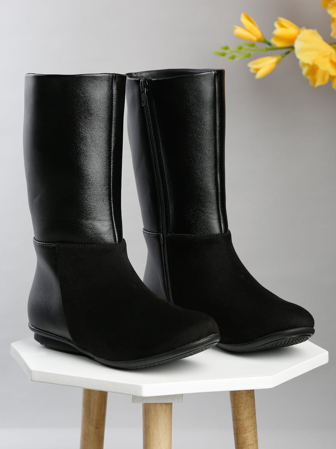 Black Mid-Calf Boots for Women - Sleek Leather and Suede Design