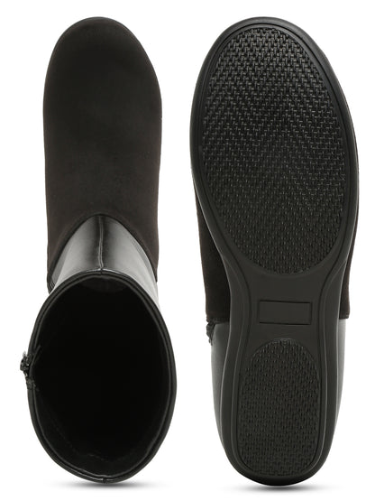Black Mid-Calf Boots for Women - Sleek Leather and Suede Design